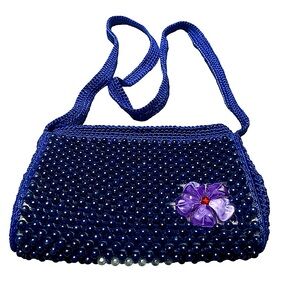 Vintage Blue/ White Beaded Straw shoulder handbag